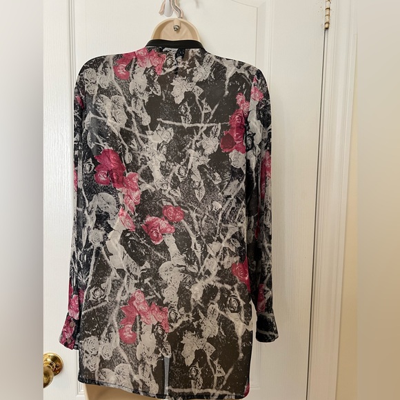 The Kooples M unique printed blouse with leather panel over buttons NWOT France - Picture 2 of 2